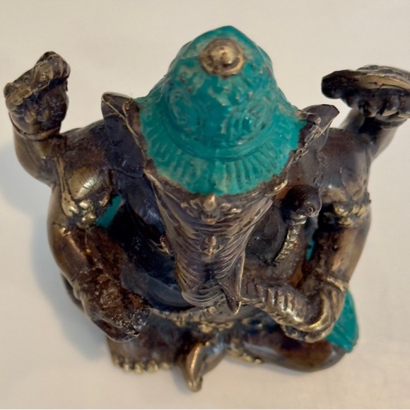 ⚜️Heavy Bronze Buddha Elephant God Ganesha - Turquoise Teal Accents - 5.5” tall! - Picture 3 of 12